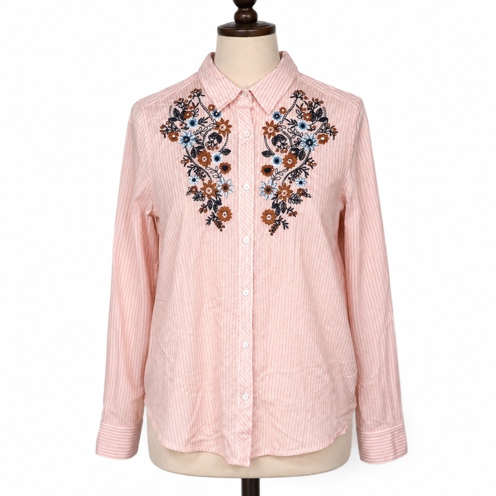 Women's Embroidered Floral Western Boho Button Down Pinstripe Pink Shirt Small